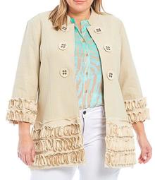 Plus Size Solid Linen-Blend Stand Collar 3/4 Sleeve Soutache Trim Georgette Jacket