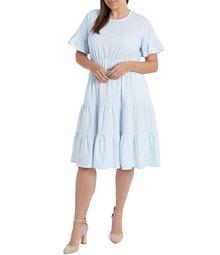 Plus Size Short Sleeve Ruffled Floral Knit Midi Dress