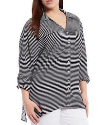 Plus Size Textured Stripe Button Up Roll-Tab Sleeve Top