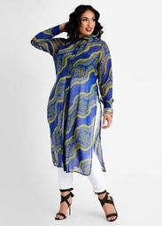 Scarf Print Sheer Button Up Duster