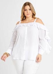 White Ruffle Cold Shoulder Blouse