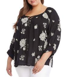 Plus Size Embroidered Floral 3/4 Blouson Sleeve Top