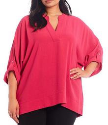 Plus Size Stand V-Neck Collar Roll-Tab Sleeve Blouse