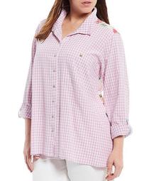 Plus Size Gingham Plaid Button Front Embroidery Back Tunic