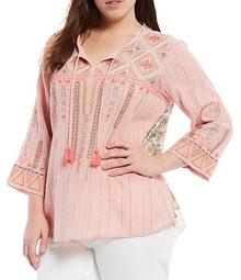 Plus Size Yarn Dye Stripe Front Embroidered Detail Tassel-Tie Neck Hi-Low Placed Print Back Tunic