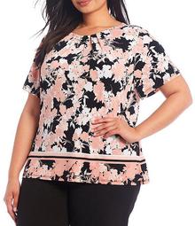 Plus Size Small Floral Print Matte Jersey Pleated Round Neck Short Sleeve Top