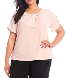 Plus Size Solid Matte Jersey Pleated Round Neck Button Sleeve Detail Top