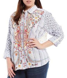 Plus Size Roll Tab Button Front Embroidered Tunic