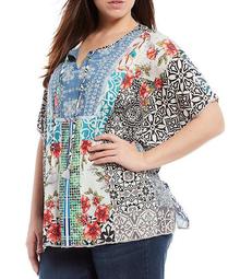 Plus Size Mixed Patch Print Placed Embroidery Tassel-Tie Neck Hi-Low Front Bib Tunic