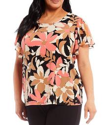 Plus Size Floral Print Matte Jersey Round Neck Chiffon Flutter Sleeve Top