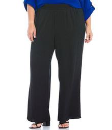 Plus Size Solid Crepe de Chine Rib Waistband Wide Leg Pull-On Pants