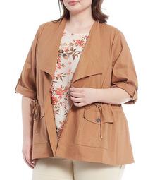 Plus Size Stretch Woven Wing Lapel Collar Roll-Tab Sleeve Drawstring Waist Detail Open-Front Jacket