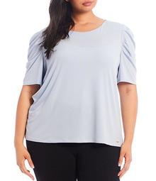 Plus Size Solid Matte Jersey Round Neck Ruffle Ruched Short Sleeve Top