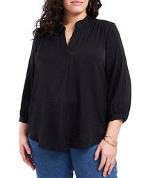 Plus Size 3/4 Sleeve Split Neck With Stand Collar Rumple Blouse