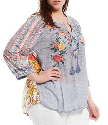 Plus Size Embroidered Tassel Double Weave Gauze Tunic