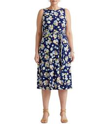 Plus Size Sleeveless Floral Printed Jersey Fit & Flare Dress