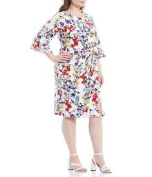 Plus Size 3/4 Sleeve Floral Printed Draped Stretch Sheath Dress