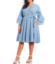 Plus Size 3/4 Tier Sleeve Cotton A-Line Wrap Dress