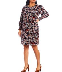 Plus Size Long Sleeve Feather Floral Smocked Shift Dress