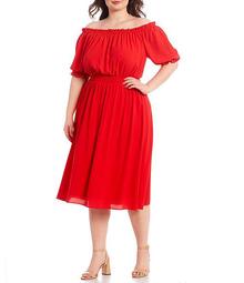 Plus Size Off-the-Shoulder Puff Sleeve Crepe Midi Dress