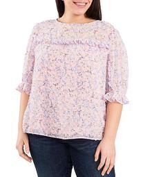 Plus Size Puff Ruffle Sleeve Floral Blouse