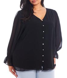 Plus Size Solid Chiffon V-Neck Long Sleeve Button Front Blouse