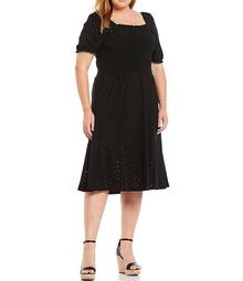 MICHAEL Michael Kors Plus Size Solid Sixties Floral Faux Eyelet Square Neck Puff Elbow Sleeve