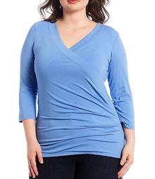Plus Size 3/4 Sleeve Wrap-Style Jersey Top