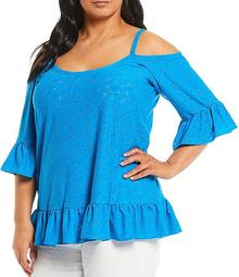 MICHAEL Michael Kors Plus Size Solid Aw Sixties Floral Faux Eyelet Ruffle Cold-Shoulder Sleeve Top