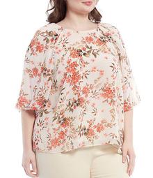 Plus Size Floral Print Chiffon Round Neck 3/4 Puff Sleeve Top