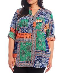 Plus Size Patchwork Print Crepe de Chine Roll-Tab Sleeve Button Front Top