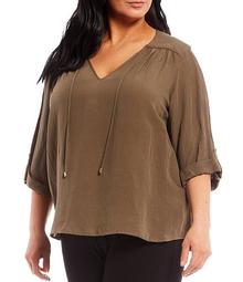 Plus Size Tie V-Neck Roll-Tab Sleeve Top