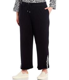 Plus Size Leopard Print French Baby Terry Grommet Pull On Drawstring Pants