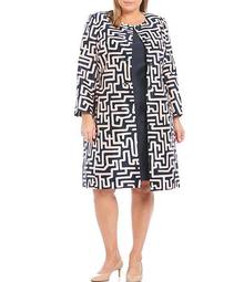 Plus Size Jewel Neck Printed Shantung Jacquard Coat 2-Piece Dress Suit