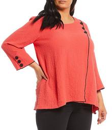 Plus Size Crinkle Knit 3/4 Button Sleeve Top