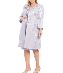 Plus Size Jewel Neck Shiny Jacquard Long Coat 2-Piece Dress Suit