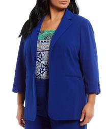 Plus Size Stretch Scuba Crepe Notch Lapel Collar Roll-Tab Sleeve One-Button Front Jacket