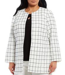 Plus Size Windowpane Long Sleeve Tweed Front Topper