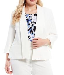 Plus Size Textured Pique Shawl Collar Open Front Roll Sleeve Jacket