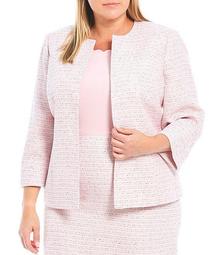 Plus Size Tweed 3/4 Sleeve Jewel Neck Open Front Cardigan