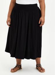 Black Super Soft Smocked Waist Tea Length Skirt