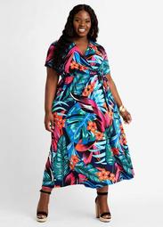 Belted Tropical Wrap Maxi Dress