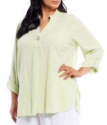 Plus Size V-Neck Stand Collar Roll-Tab Sleeve Top