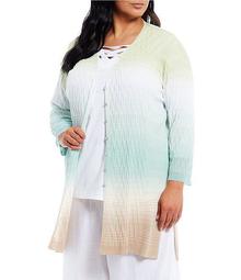 Plus Size Ombre Striped 3/4 Sleeve Button Front Long Cardigan