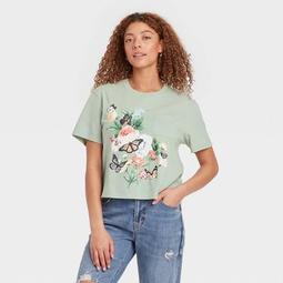 Women's Butterfly Boxy Short Sleeve Cropped Graphic T-Shirt - Green Floral