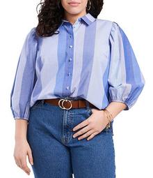 Plus Size Striped Puff Sleeve Button Down Top