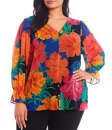 Night Large Colorful Floral Print Chiffon V-Neck Long Sleeve Button Front Blouse