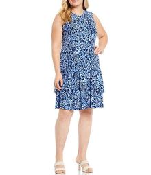 MICHAEL Michael Kors Plus Size Tonal Ikat Texture Print Lux Matte Jersey Sleeveless Tiered Flounce A-Line Dress