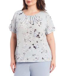 Plus Size Floral Print Matte Jersey Pleated Round Neck Button-Sleeve Detail Top