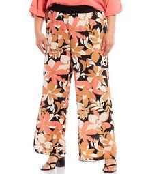 Plus Size Floral Print Crepe de Chine Rib Waistband Wide-Leg Pull-On Pants